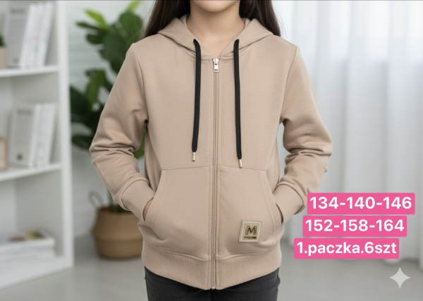 Bluzy dziewczęce Roz 128-164, 1 kolor Paczka 6 szt